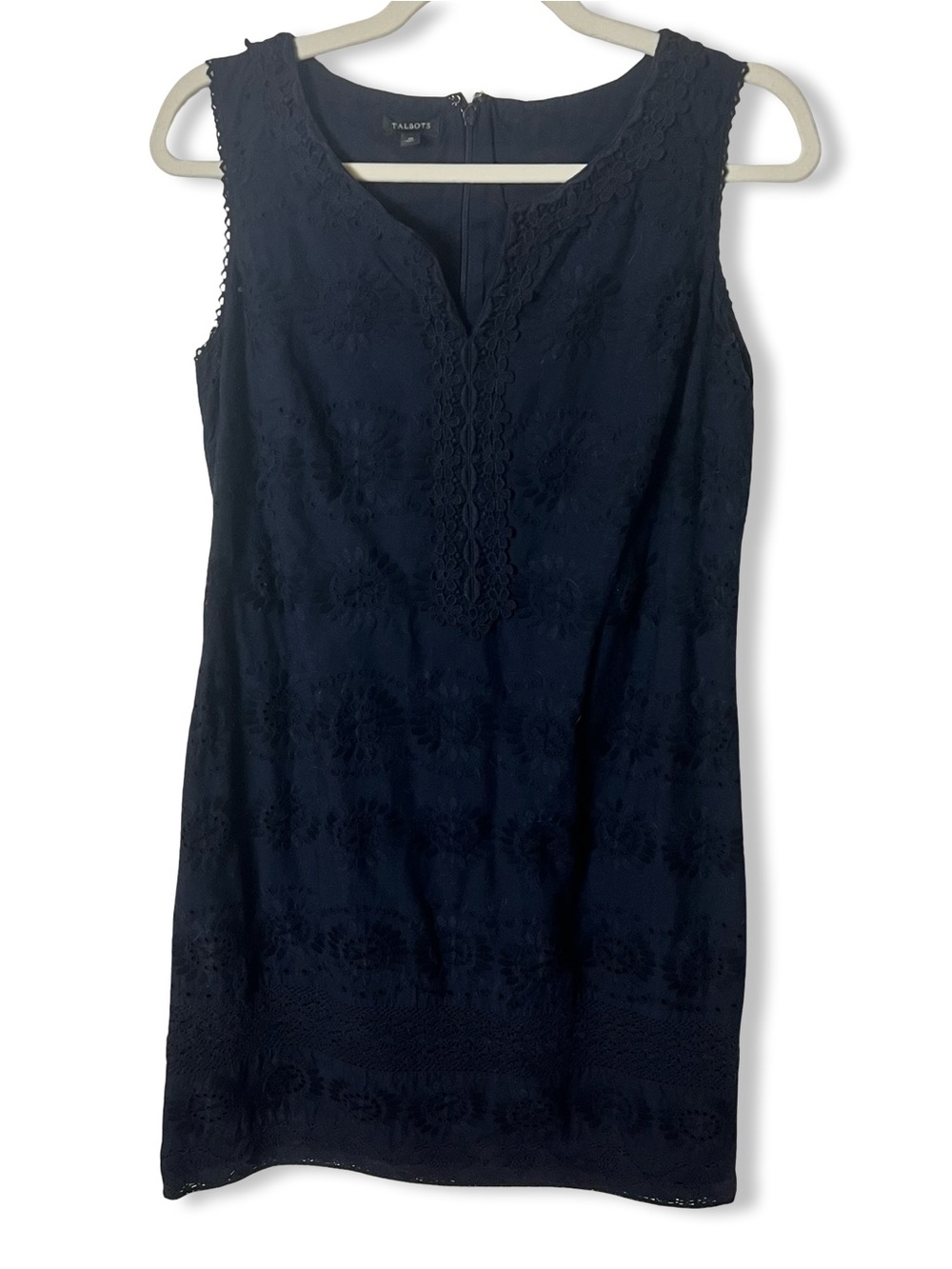 Talbots Women’s Eyelet Lace Dress Sleeveless V Neck Navy Blue Lined Sz. 10